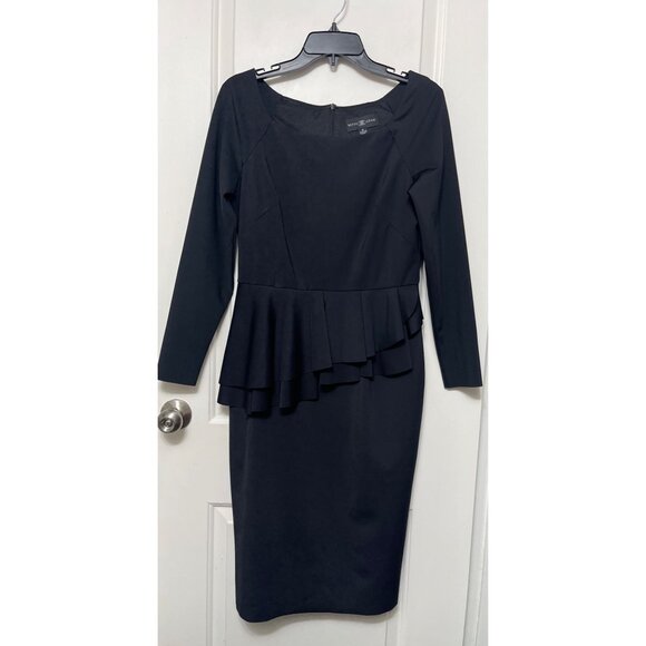 New Betsy & Adam Long Sleeve Peplum Cocktail Midi Dress in Black Size 8 - Picture 2 of 8